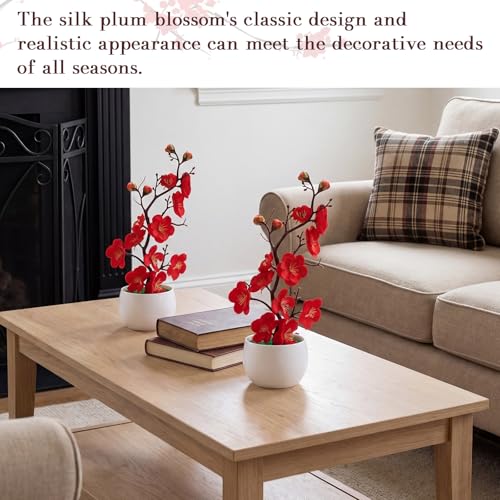 Suncalla 4 Pack Artificial Red Plum Blossom Fake Bonsai, Silk Flower Arrangement with Flower Pot, Cherry Blossoms Decor for Hibachi Party Chinese Japanese Asian Theme Party Supplies (Upright) - style: Upright