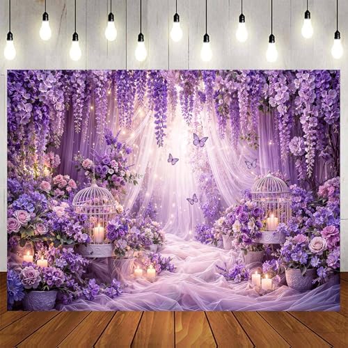 5x3ft Purple Butterfly Floral Backdrop for Photography Butterfly Flowers Girls Party Decorations Background Wedding Birthday Baby Shower Party Cake Table Decor Banner Photo Booth Props - color: Purple01, size: 5X3FT