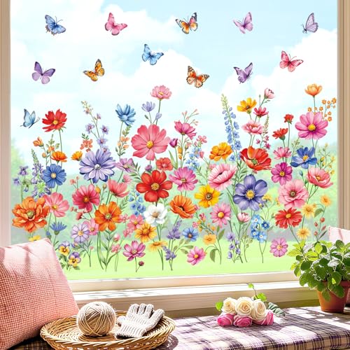 decalmile Spring Summer Colorful Flower Double Sided Window Clings Wildflower Bouquet Butterfly Plants Anti-Collision Glass Doors Window Stickers Decals - color: Colorful Flower