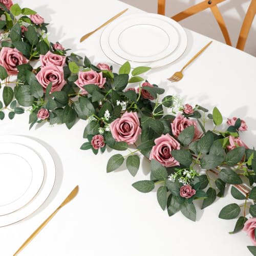 2 Pack 11.2 Ft Artificial Flower Garland with White Roses, Realistic Fake Greenery Vines with 17 Roses Flowers for Wedding Table Centerpieces Arch Party Ceremony Backdrop Decor (Dirty Pink) - color: Dirty Pink