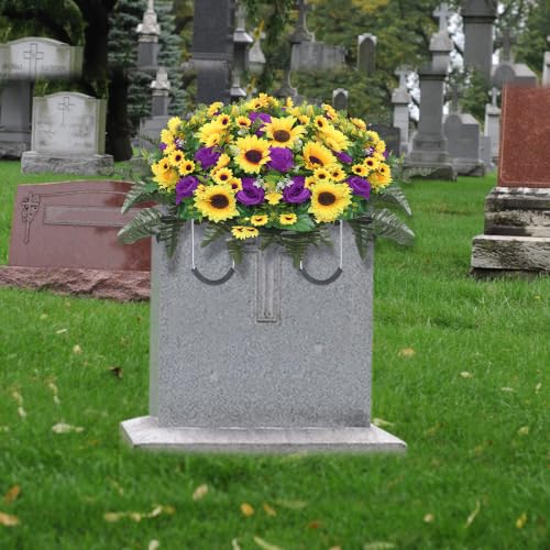 Lodou Artificial Cemetery Flowers for Grave,Headstone Flower Saddle Silk Sunflowers Grave Flowers for Cemetery Memorial for Outdoor Gravesite Decoration (Purple) - color: Purple