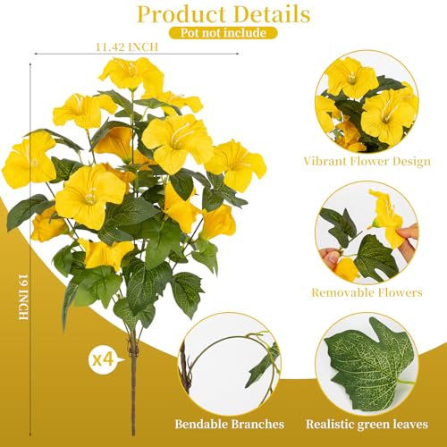 19 Inch Artificial Fake Flowers for Outdoor,4 Pcs Yellow Faux Silk Petunias Spring Flowers for Outside for Indoor Porch Planter Front Door Garden Patio Window Box Home Decor - color: Yellow
