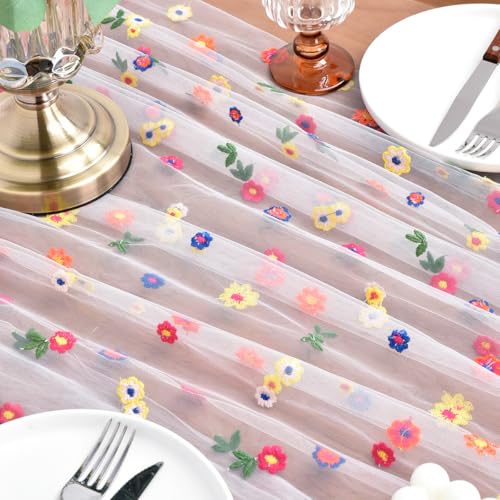 Joanlody 6pcs Ivory Embroidery Daisy Spring Summer Table Runner Florals Seasonal Tulle Table Runner for Home Garden Tea Party Holiday Birthday Decoration - color: Ivory, size: 10ft x 6pack
