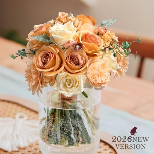 Champagne Artificial Flowers Rose Combo Silk Mix Fake Flowers with Stem for DIY Wedding Arch Bridal Bouquets Baby Shower Centerpieces Party Wall Home Decorations - color: Orange&champagne
