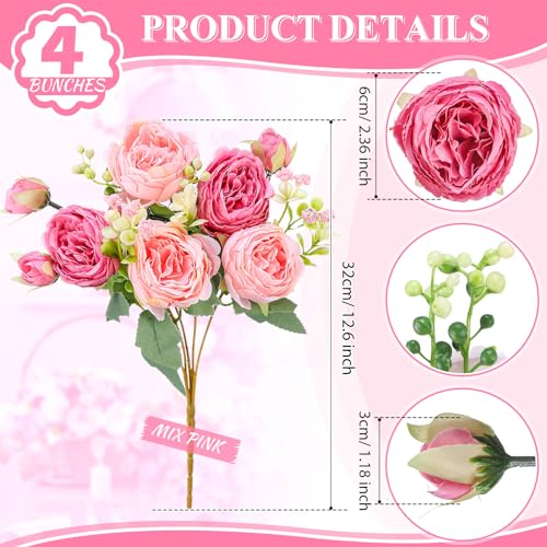 Crowye 4 Bundles Peonies Artificial Flowers Silk Faux Peonies Wedding Artificial Flower Bouquet for Table Centerpiece for Home Wedding Decor Bridal Floral Arrangement(Mix Pink) - color: Mix Pink