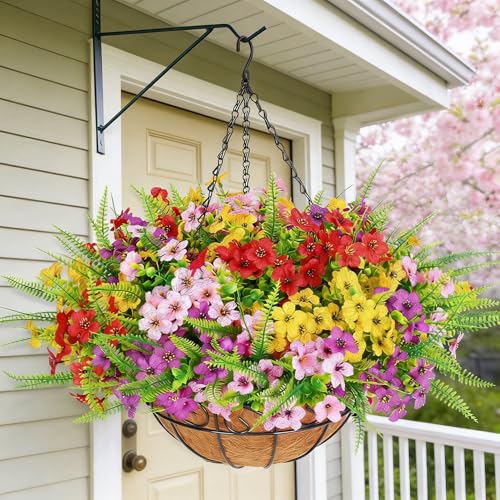 Elyum Artificial Hanging Flowers for Outdoors, UV Resistant Fake Flowers with Hanging Baskets, Artificial Flowers for Decoration Outdoors Garden, Spring Decor for Patio Porch(Mixed Color) - color: Red Pink Yellow Green, size: 1 Pack