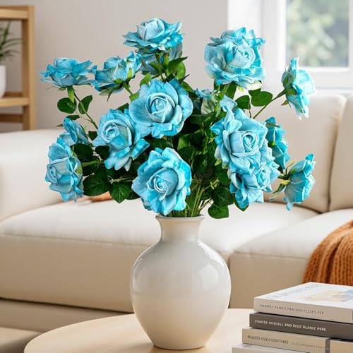 Artificial Flowers 23.2In Artificial Roses 20PCS Fake Roses Long Stem Artificial Flowers for Tall Vase Silk Rose Spring Suitable for Indoor Wedding Party Decor Valentine's Day DIY Bouquet,Blue - color: Blue