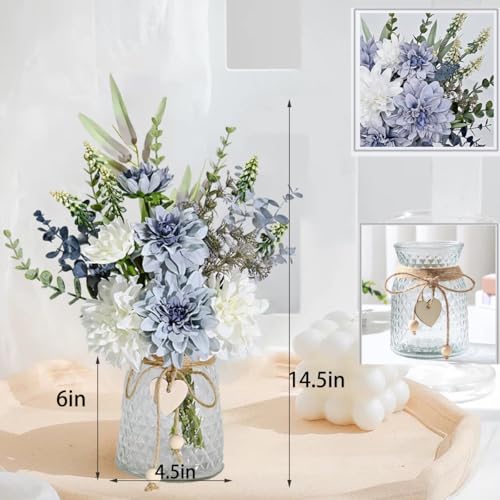 LADADA Blue and White Artificial Dahlias in A Glass Vase | Mixed Silk Fake Eucalyptus Floral Bouquet, Blue White Artificial Dahlia Arrangement Kit,Farmhouse Dining Table Table Decor - color: Blue+gray