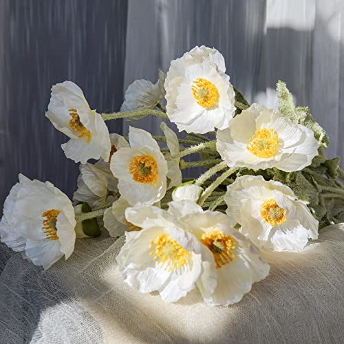 Artificial Flowers 5Pcs Poppies Flowers Artificial Silk Flowers for Home Office Wedding Outdoor Decor (White) - color: White