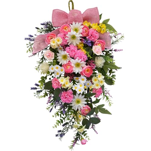 Idyllic 22 Inch Spring Floral Weeping Door Swag with Pink Bow for Front Door Porch Welcome and Home Entryway Decoration - size: 23 Inch