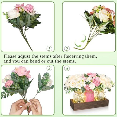 BLEUM CADE Centerpiece Table Decorations - Mason Jar Lights Centerpiece for Kitchen Dining Table Farmhouse Coffee Table Wedding Home Decor with 3 Jars Roses Artificial Flowers & Wood Tray - color: Pink-rose