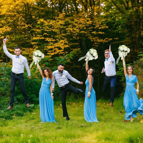 Set of 6 White Bridesmaid Bouquets Artificial Silk Flowers Wedding with 6 Boutonnieres & 6 Wrist Corsages Rose Bridal Party Decor Prom Anniversary