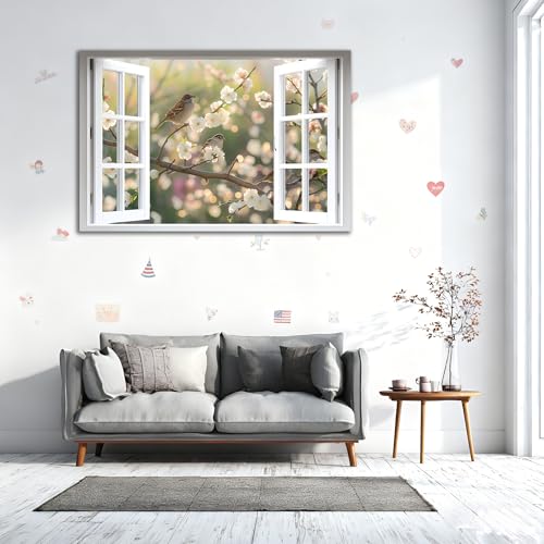 AMAZING WALL Fake Window wall Sticker Spring Blossom Birds Illusion Peel-on Adhesive Vinyl Mural Removable Floral Garden Frame Decor Pastel Songbird Nature Decoration Bedroom playroom,32x48in/2PCS - color: Blossom Birds Spring Garden, size: 32x48"/2PCS