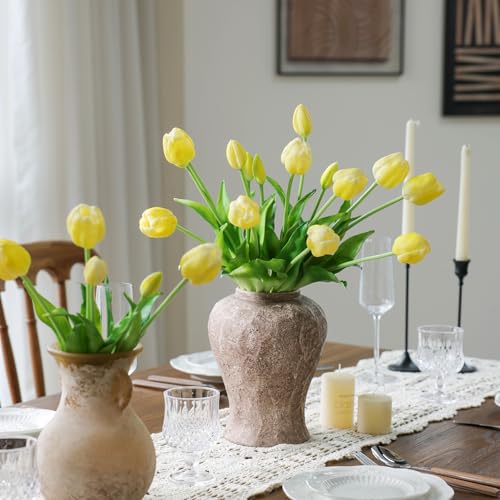mizii 15Pcs Yellow Tulips Artificial Flowers Latex Plastic Real Touch Fake Tulips Flowers Look Real Faux Tulip Flower Bouquet Decoration for Vase Room Table Centerpieces Home Decor (Yellow) - color: Yellow