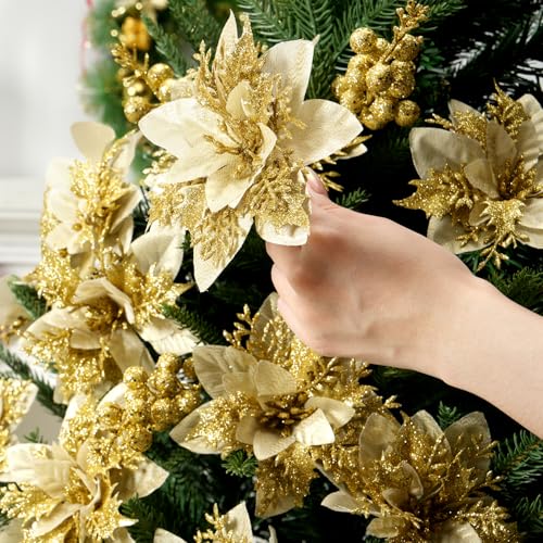 trytuny 50pcs Glitter Poinsettia Christmas Ornaments, Artificial Flowers with Clips Stems for DIY Wreath Making, Holiday Home Party Decorations, Indoor Use (Gold) - color: Gold