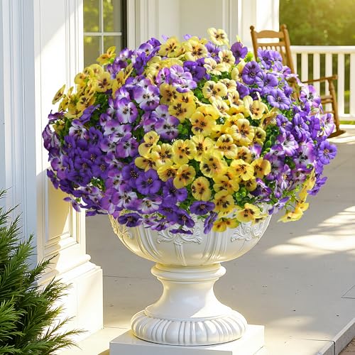 Ivydale 20PCS Artificial Fake Pansy Flowers for Outdoors Spring Summer Decor,Faux Silk Pansies UV Resistant Plants for Front Door Porch Yard Patio Window Box Home Decor(Purple Yellow Gradient Purple) - color: Purple Yellow Gradient Purple