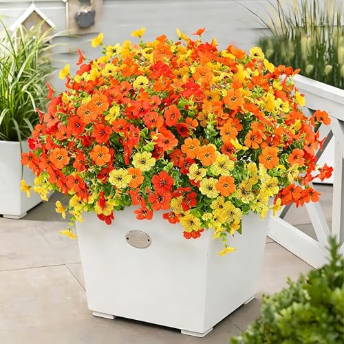 12 Bundles Artificial Flowers for Outdoor UV Resistant and Realistic, Faux Daisy Fake Flowers with Eucalyptus Leaves for Porch, Patio, Planter, Window Box, Home, Garden Decor - color: Yellow Orange Red