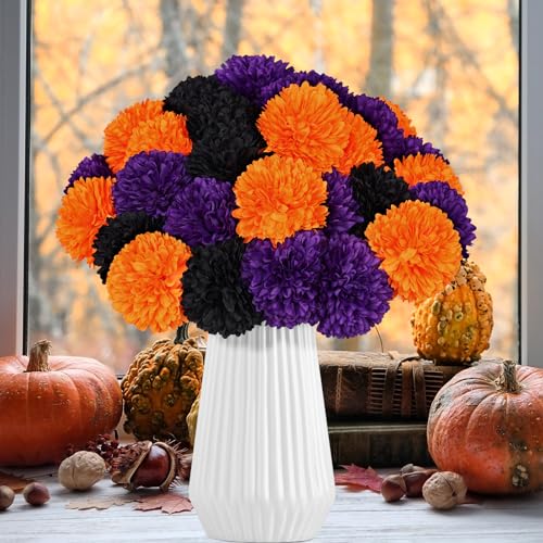 36 Pcs Halloween Artificial Flowers Halloween Chrysanthemums Ball Silk Flowers Black Orange Purple Fake Hydrangea for Halloween Party Home Table Centerpieces Vase Decor - color: Black, Orange, Purple