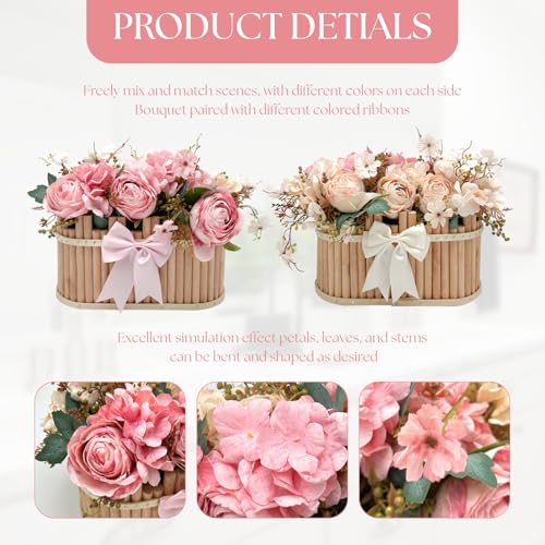 Dining Table Centerpiece Decor - Pre-Made Artificial Flower Arrangement Fake Floral with Wooden Vase for Farmhouse Kitchen Bathroom Living Room Decorations (Double Pink) - color: Double Pink