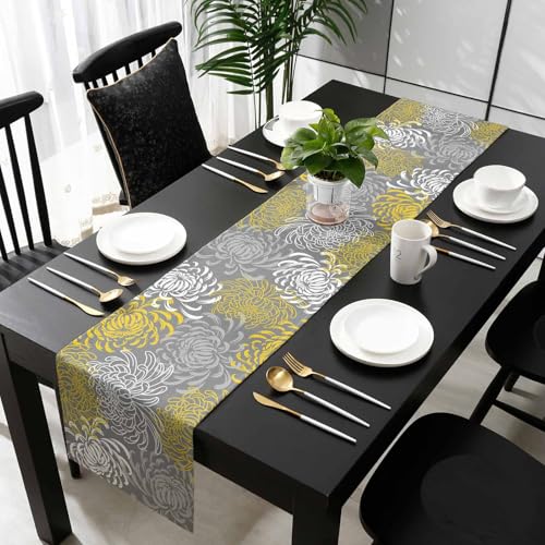 Floral Table Runner-Yellow Gray White Cotton linen-Long 90 inche Dresser Scarves,Flower Tablerunner for Kitchen Coffee/Dining Table Bedroom Home Living Room,Summer Spring Holiday Dinner Scarf Decor - color: Texturezld5966, size: 13x90 Inch