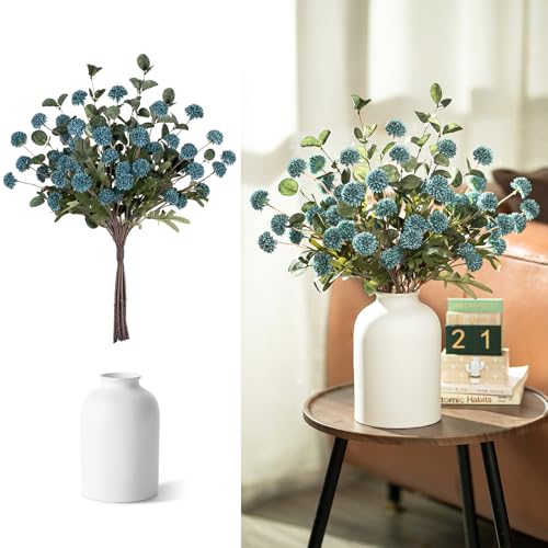 BLOSMON Blue Flowers Artificial for Decoration: Ceramic Vase with 12 Stems of Fake Mums Eucalyptuses Blue Centerpieces for Tables Decor - Faux Silk Pom Poms Floral Arrangement in vase for Living Room - color: Dusty Blue