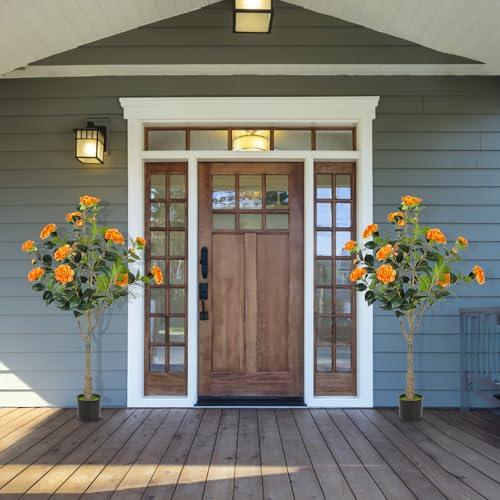 47” Artificial Camellia Tree with Blooming Orange Flowers, Artificial Tree for Indoor Outdoor, Faux Camellia Tree for Modern Home Office Floor Porch Decor, Free Maintenance - color: Orange