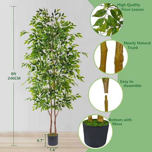 Warmplants 8ft Artificial Ficus Tree, 96” Realistic Ficus Leaves Large Fake Plant with Basket, Indoor Outdoor Potted Faux Tree for Home Garden Office House Livingroom Décor - color: Ficus, size: 8ft