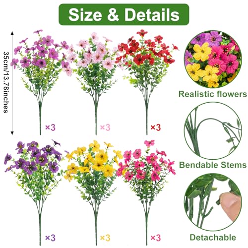 Roberly Artificial Flowers for Outdoors, UV Resistant Silk Fake Daisy Flowers with Eucalyptus Greenery Stems Faux Plastic Plants for Spring Summer Patio Garden Home Decor, 18 Bundles, Mixed Color - color: Multi Color