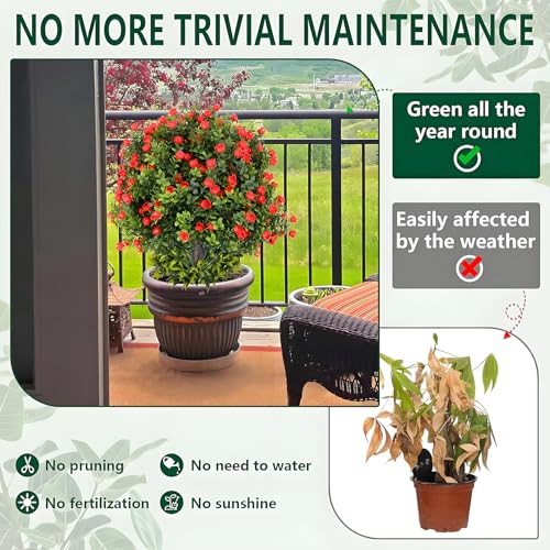 Set of 4 Artificial Boxwood Topiary Ball Trees with Red Flowers, 24" UV Resistant Fake Shrubs with Ground Spike, Faux Greenery for Garden, Yard, Porch, Patio & Indoor Outdoor Decor