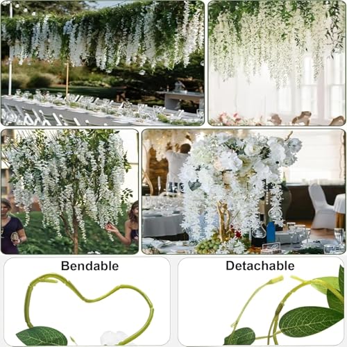 BSMYBO 60 Branches Wisteria Hanging Flowers White Artificial Wisteria Hanging Flowers Garlands Vine for Wedding Arch Party Ceremony Home Garden Backdrop Wall Decoration (4 Pack) - color: White, size: 4 Pack