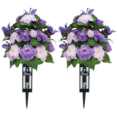 Silk Grave Flowers for Cemetery: 2 Pcs Purple Cemetery Flowers Grave Decorations Spring Easter Mothers Memorial Day - Outdoor Artificial Camellia Bouquets with Vases for Graveside - color: Purple & Lilac
