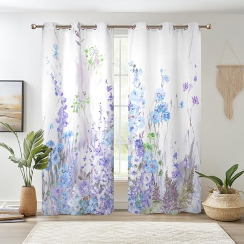 Renaiss Purples Blue Floral Print Blackout Curtains, Pastel Wild Flowers Thermal Insulated Bedroom Window Curtains, Spring Floral Art Window Curtains for Kitchen, 45" L x 29" W 2 Panel Set - color: Light Purple, size: 29"W x 45"L (Pack of 2)