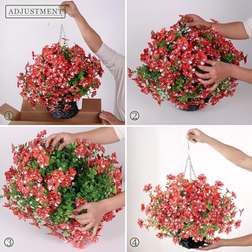 GLIDLION Artificial Flower & Eucalyptus with Hanging Basket - 2PCS Faux UV Sun Resistant Morning Glory in Planter, Fake Colorful Silk Flowers for Spring Summer Porch Patio Balcony Yard Decor (Red) - color: Red
