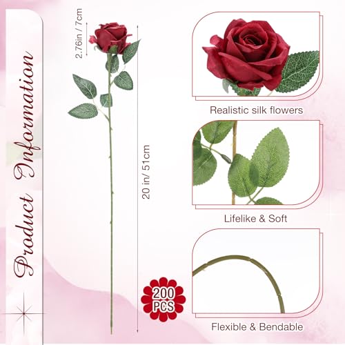 Lyrow 200 Pcs Artificial Roses Realistic Flowers Bulk Real Looking Fake Silk Rose Bouquets with Long Stem Flowers for Wedding Table Centerpieces Bridal Shower Party Home Garden Decor (Wine Red) - color: Wine Red