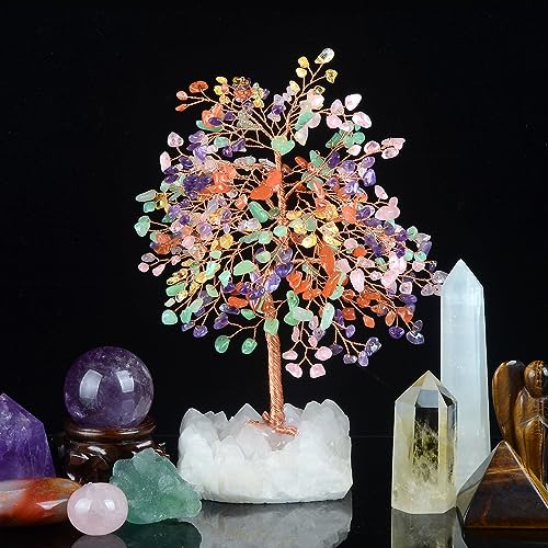 Chakra Crystal Tree of Life Natural Gemstone Healing Crysals(406 Stone Count) with Clear Quartz Base,Fengshui Decor Money Tree,Positive Energy Lucky Gift Height 8.5-9 Inches - color: Muilti Chakra Tree With Quartz Base