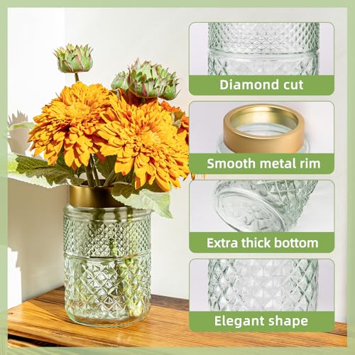 2-Pack Flower Vase Glass, 7.6 inch Green Fluted Vase with Golden Metal Top,Stylish Decorative for Tabletop Centerpiece, Kitchen,Living Room,Bedroom,Bathroom,Office - color: Green1