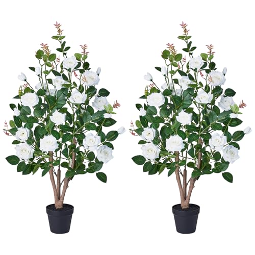 VeriNatural Fake Rose Plants,3Ft(36") White Artificial Roses,UV-Resistant Faux Silk Flowers for Indoor Outdoor,Potted Faux Trees for Home Decor, Courtyard,Patio, Front Porch Topiary Set of 2 - color: White, size: 3ft