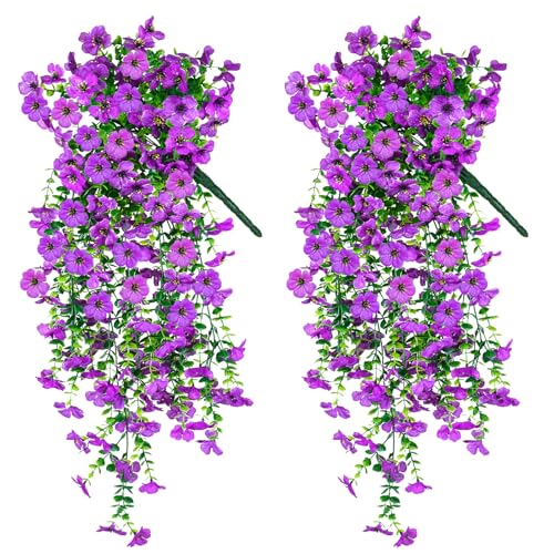 Artificial Hanging Flowers for Outdoors Decorations 2 Pack, Fake Hanging Flowers, UV Resistant Artificial Hanging Plants Outdoors for Home Porch Patio Balcony Baskets Yard(Purple) - color: Purple
