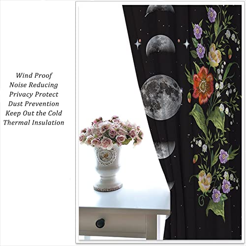 Boho Floral Flower Rod Pocket Blackout Curtains for Boy Girl Bedroom, Moon Phase Moonlit Garden Witchy Gothic Aesthetic Thermal Insulated Home Window Drapes for Living Room Darkening, 42x45 inch - color: Boho Floral Flower-001, size: 42"W x 45"L (Pack of