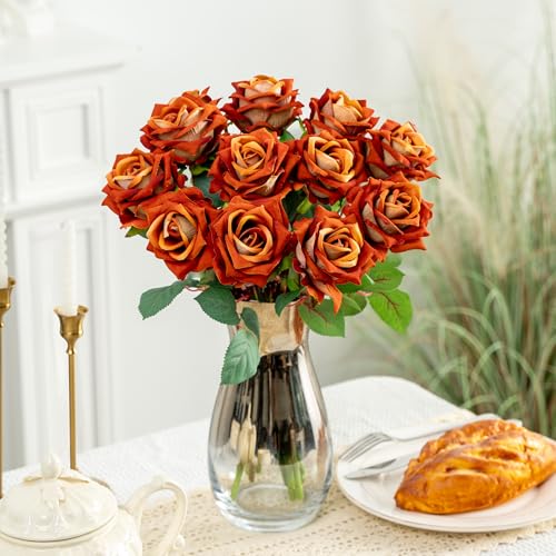Ttranewsoo Fake Roses Faux Flowers Silk Roses Artificial Roses with Stems Realistic Artificial Flowers 16.5In Suitable for Indoor Home Decoration DIY Bouquet Wedding Decor Party Decor (Orange) 12PCS - color: Orange 12pcs