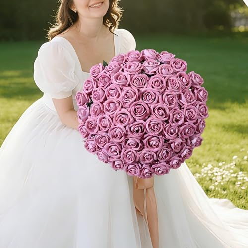 50 PCS Roses Artificial Flowers, Realistic Fake Roses with Long Stems Silk Flowers for DIY Wedding Bouquet Party Celebration Home Bridal Baby Shower Decoration Birthday Gift for Her Wife, Dusty Rose - color: Dusty Rose