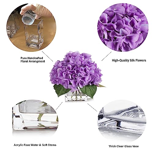 ENOVA FLORAL Silk Hydrangea Artificial Flowers in Vase with Faux Water, Silk Flower Arrangements in Vase for Home Decor, Wedding Table (Purple) - color: Purple
