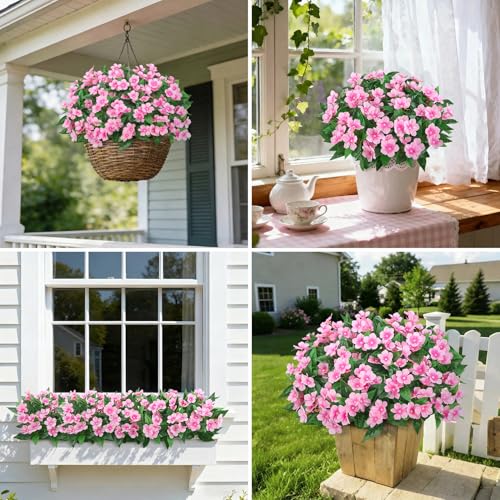 6 Pcs Artificial Flowers for Outdoors Fake Silk Periwinkle Flowers Faux Plants UV Resistant Bouquet Decorations for Planters Spring Summer Garden Porch Patio Window Box Balcony Home, Pink - color: Pink
