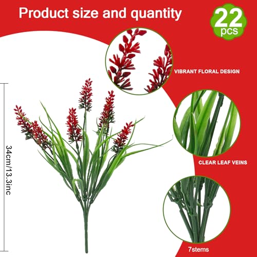 Rowfad 22 Pcs Artificial Outdoor Flowers Fake Outdoor Plants Monkey Grass with Red Flowers for Pot Decor for Window Garden Patio Hanging Planter Pathway Front Porch (22, Red) - color: Red