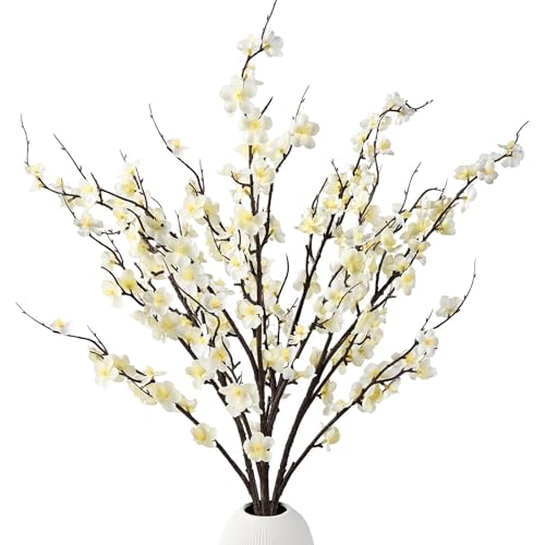 4Pcs Artificial Cherry Blossom Branches Decor, 37.6Inch Faux Spring Summer Flowers, Realistic Long-Stem Artificial Flow Stems for Wedding, Vase Filler, Home, Office Decor, Table Centerpieces (White)