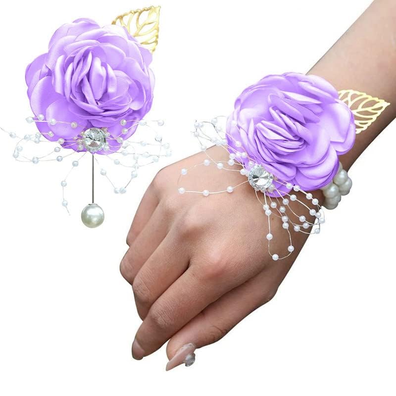 WANLIAN Bridesmaid Wrist Corsage Wedding Flowers Boutonniere Set Prom Dusty Purple Flowers for Groom Bridal Wedding Party Prom Set of 2(Purple) - color: Purple
