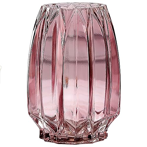 Lucky Bird Pink Glass Vase Modern Ribbed Vase for Flowers, Candles, and Decorative Accents - Tall/Short Vases for Centerpieces Home Table Decor(Purple Pink H8.0inch) - color: Pink, size: H-7.87inch