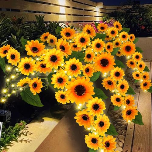 Solar Garden Lights Outdoor, Solar Sunflower Lights with 46 Lifelike Sunflower, Waterproof 90 Bright LED Fall Flowers Garden Decor for Patio Flower Bed Yard, Gift for Mom (2 Pack) - color: Warm White, size: Sunflower-2 Pack