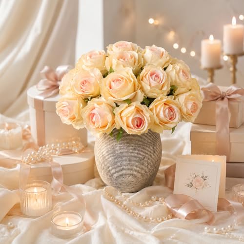 Ivydale 18pcs Champagne Roses Artificial Flowers, Fake Roses Silk Flowers with Stems Realistic Bouquet for Wedding Party Mother's Day DIY Centerpiece Floral Romantic Gifts - color: Rose-champagne