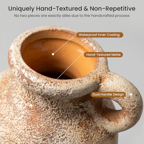 Ceramic Flower Vase, 10.1" Rustic Farmhouse Vase with Glazed Interior, Decorative Pottery Vase for Fresh Flowers, Pampas Grass, Living Room, Dining Table, Mantel and Shelf Decor - color: Rustic-5.1"l X 5.1"w X 10.1"h